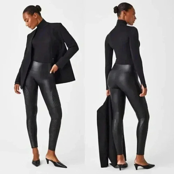 Spanx Faux Leather Moto Leggings Black Shaping Waistband Size Small - Picture 1 of 14